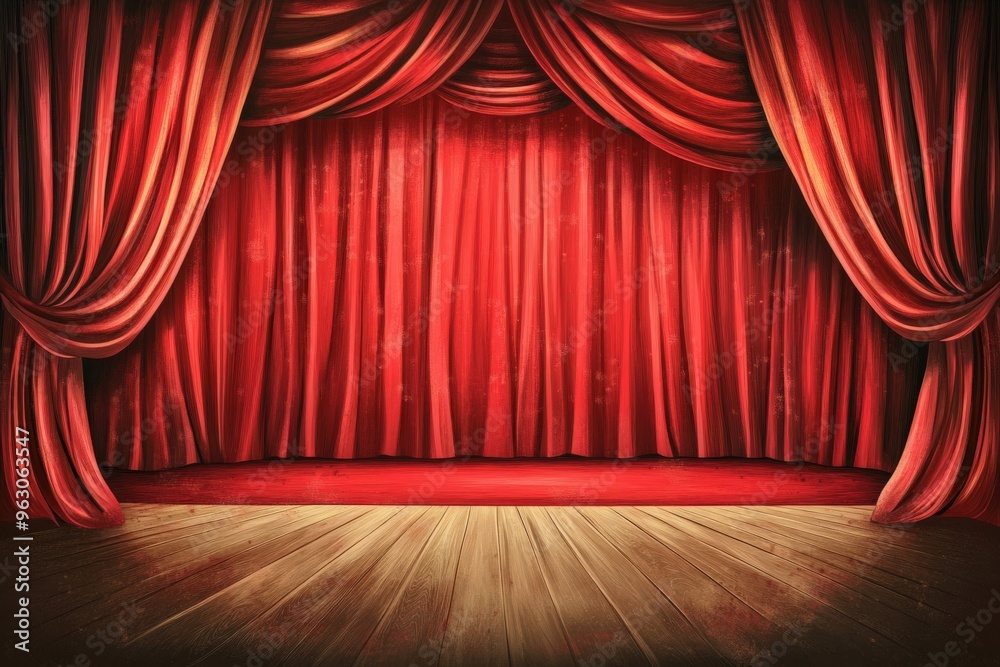 Fototapeta premium Concert Banner. Show Poster with Red Curtain on Theater Stage. Talent Day Festival Announcement Illustration