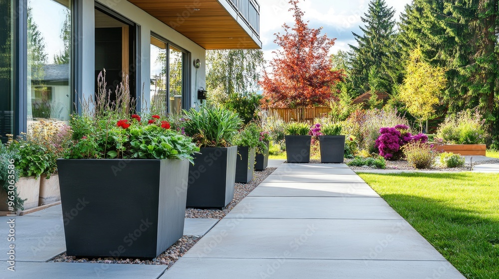 Modern Home Exterior with Stone Path and Planters Modern Home Exterior with Stone Path and Planters