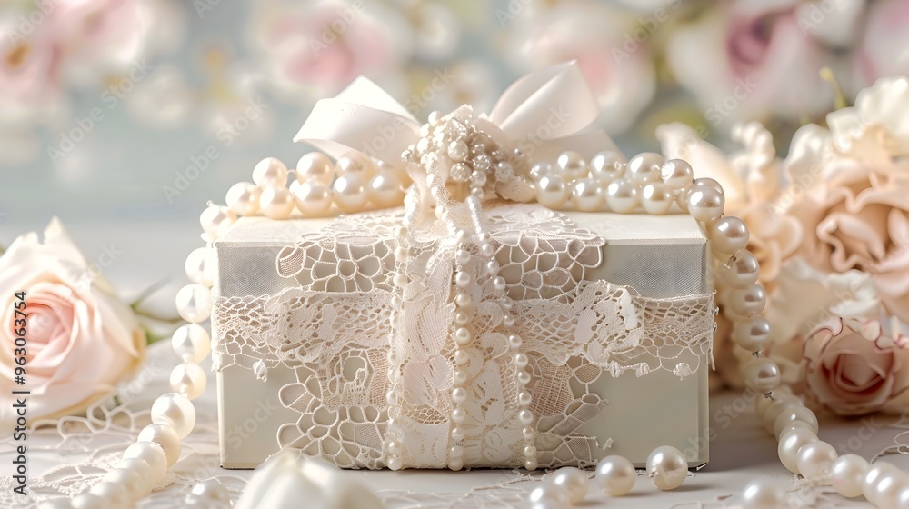 Elegant Ivory Wedding Gift Box with Lace and Pearls on Floral Background Elegant Ivory Wedding Gift Box with Lace and Pearls on Floral Background