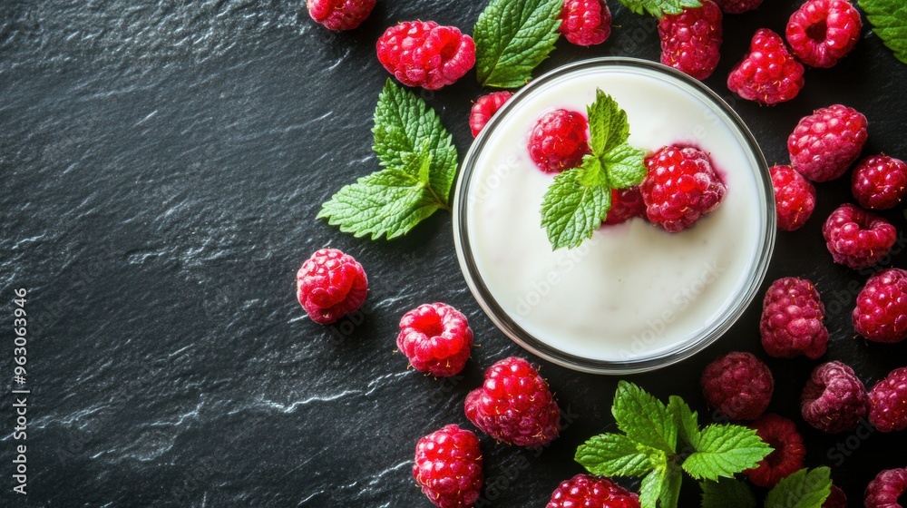 Fresh raspberries yogurt in glass on dark slate background Fresh raspberries yogurt in glass on dark slate background