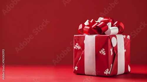 Beautifully Wrapped Gift Box with Red Ribbon Bow on Vibrant Red Background