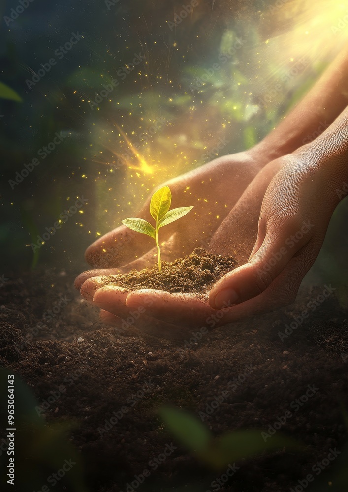 Fototapeta premium Hands Nurturing a Seedling with Sunlight