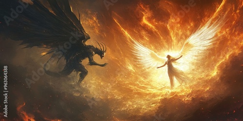 A demon with wings faces an angel in fire. photo