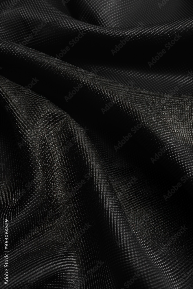Close-up view of black fabric with zigzag pattern. Fabric folded in half reveals intricate design. Blurred background draws focus to textured surface creating depth.