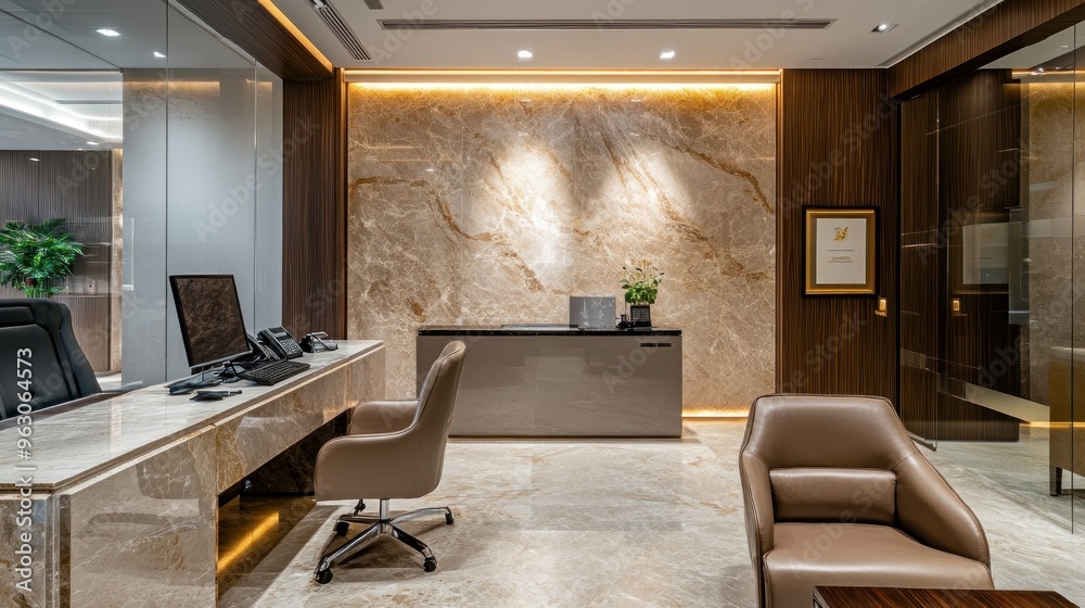 Fototapeta premium Luxury Office Interior Design with Marble and Wood Accents