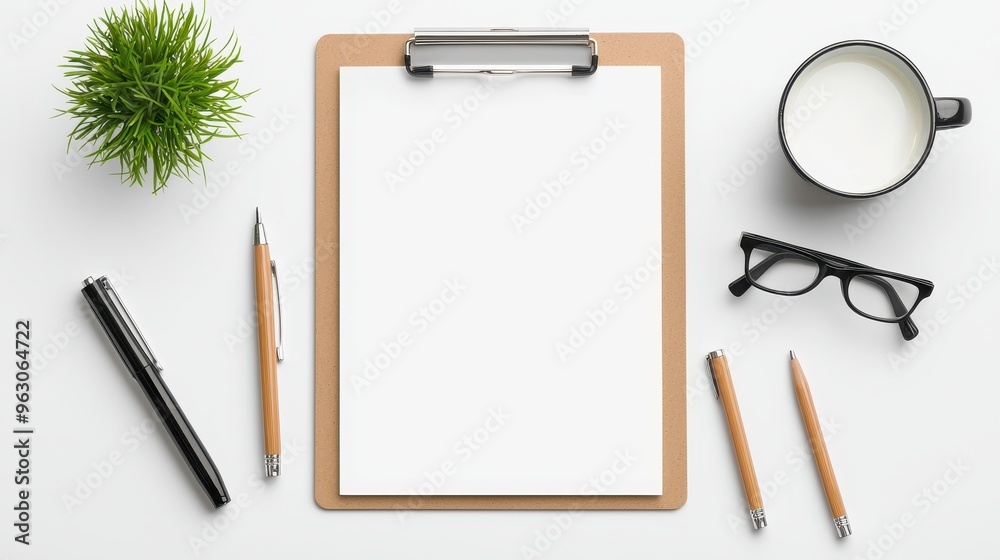 Efficiently Arranged Office Desk with Clipboard and Assorted Stationery Supplies for Productivity Boost Efficiently Arranged Office Desk with Clipboard and Assorted Stationery Supplies for Productivity Boost