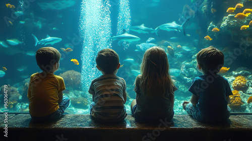 smiling children looking at shark, fish, jellyfish in oceanarium, aquarium, excursion, wildlife, water, underwater world, zoo, child, schoolchild, biology, sea, ocean inhabitants, zoology, ichthyology photo