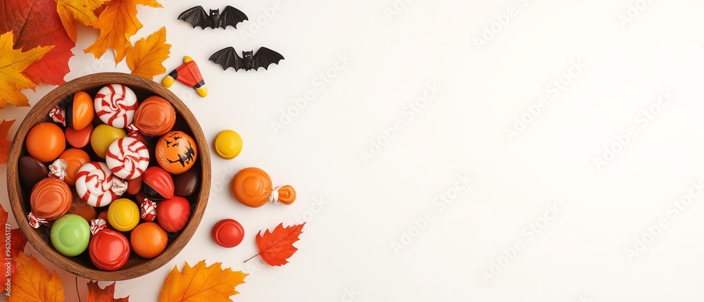 Colorful Halloween candies arranged beautifully in a bowl surrounded by autumn leaves for festive celebrations. Colorful Halloween candies arranged beautifully in a bowl surrounded by autumn leaves for festive celebrations.