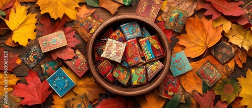 A vibrant collection of colorful matchboxes arranged in a bowl, surrounded by autumn leaves, capturing the essence of fall.