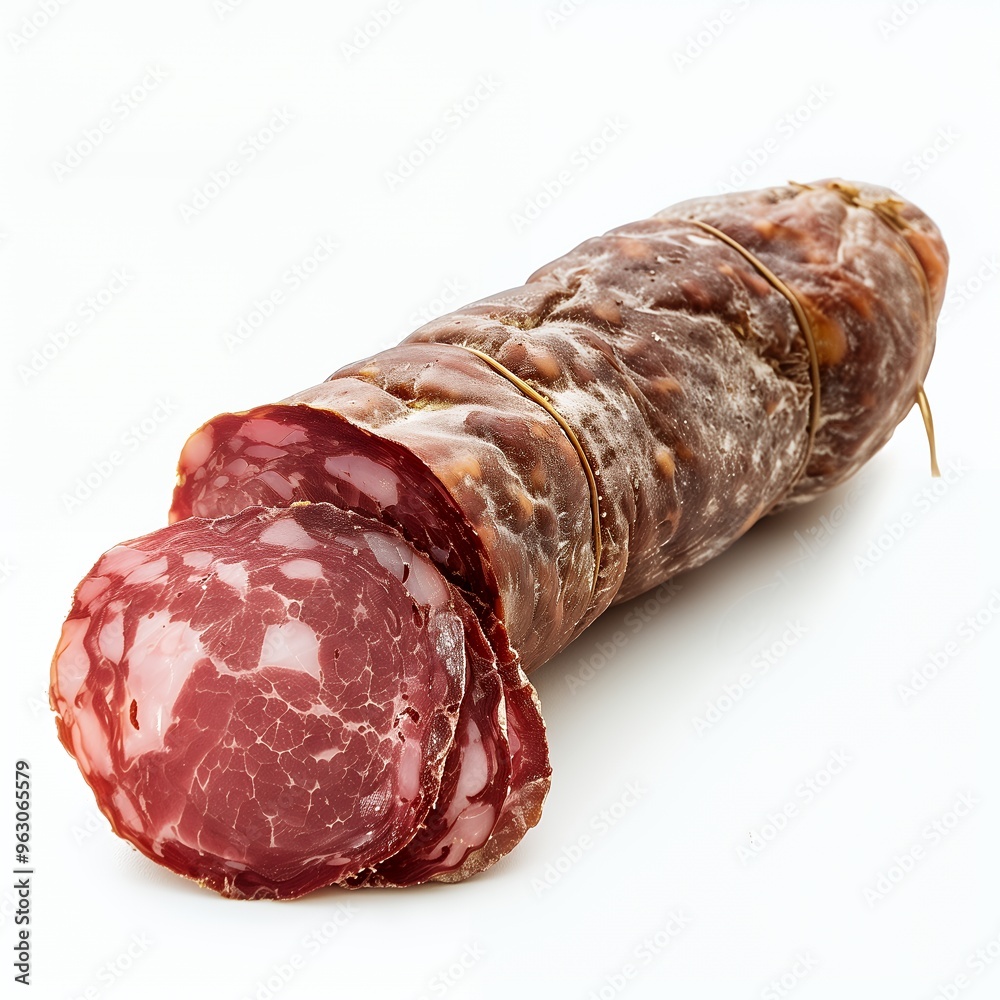 A whole salami with slices on a white background. A whole salami with slices on a white background.
