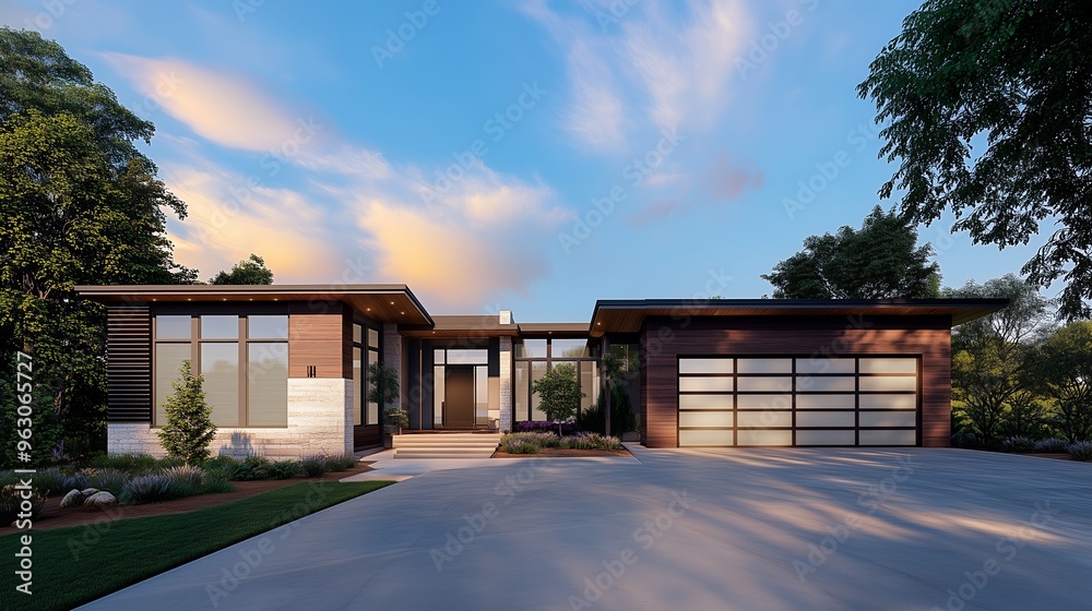 Modern home with a large driveway and a wooden facade. Modern home with a large driveway and a wooden facade.