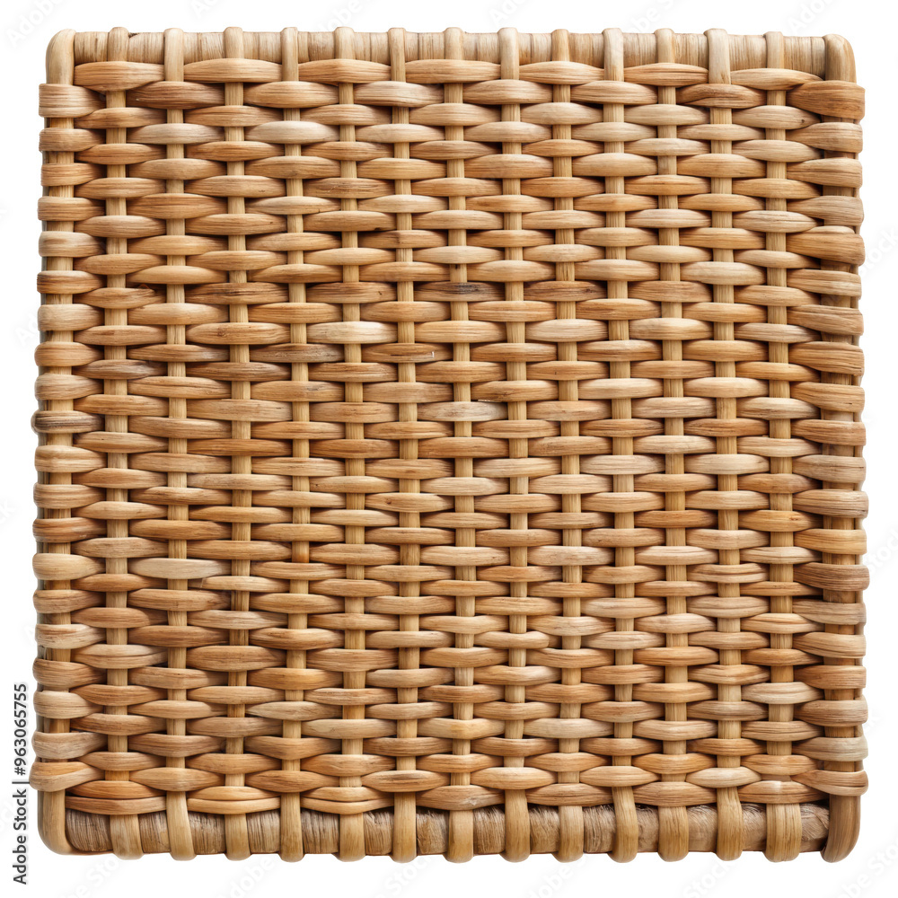 Square woven rattan mat close up, showcasing intricate craftsmanship and natural materials. Ideal for home decor or dining table protection. Isolated on transparent background, png. Square woven rattan mat close up, showcasing intricate craftsmanship and natural materials. Ideal for home decor or dining table protection. Isolated on transparent background, png.