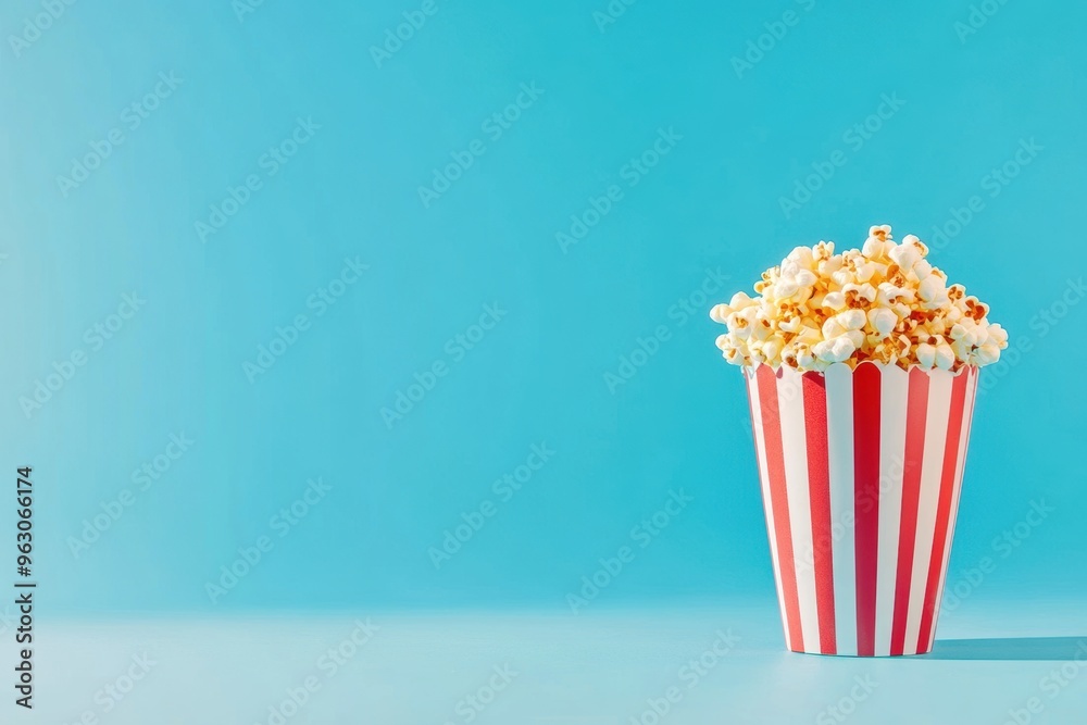 Fresh popcorn in classic striped container blue background Fresh popcorn in classic striped container blue background