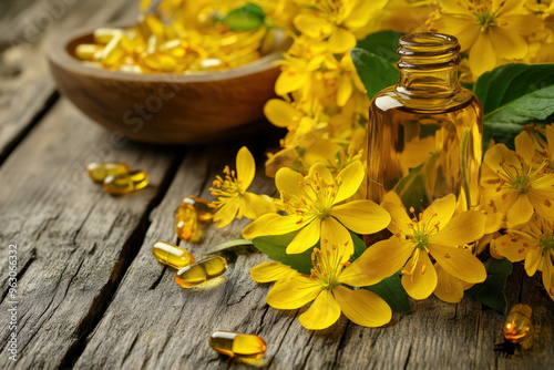 St. John's wort plant extracts being used to create natural alternative medicine in the form of oil and capsules photo