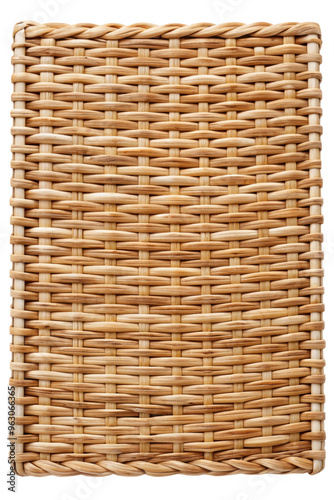 Rectangular woven rattan mat with a braided edge, featuring natural fibers and traditional weaving techniques. Perfect for home decor or kitchen use. Isolated on transparent background, png.