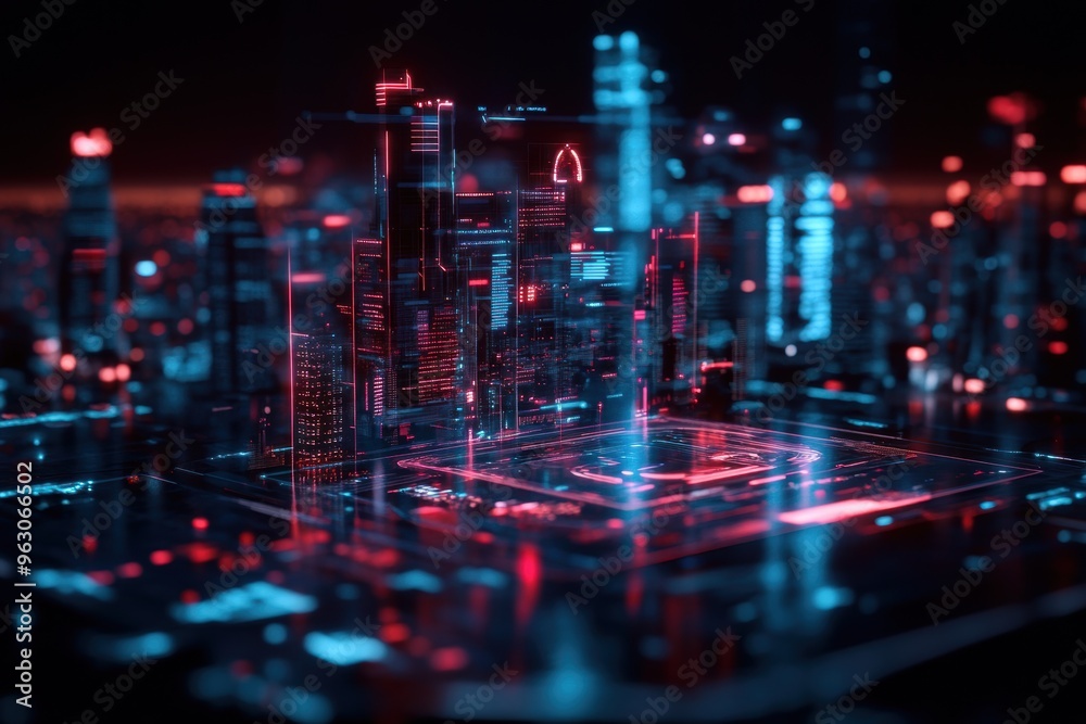 Obraz premium A transparent holographic interface projected in front of a futuristic cityscape, featuring interactive data floating in the air.