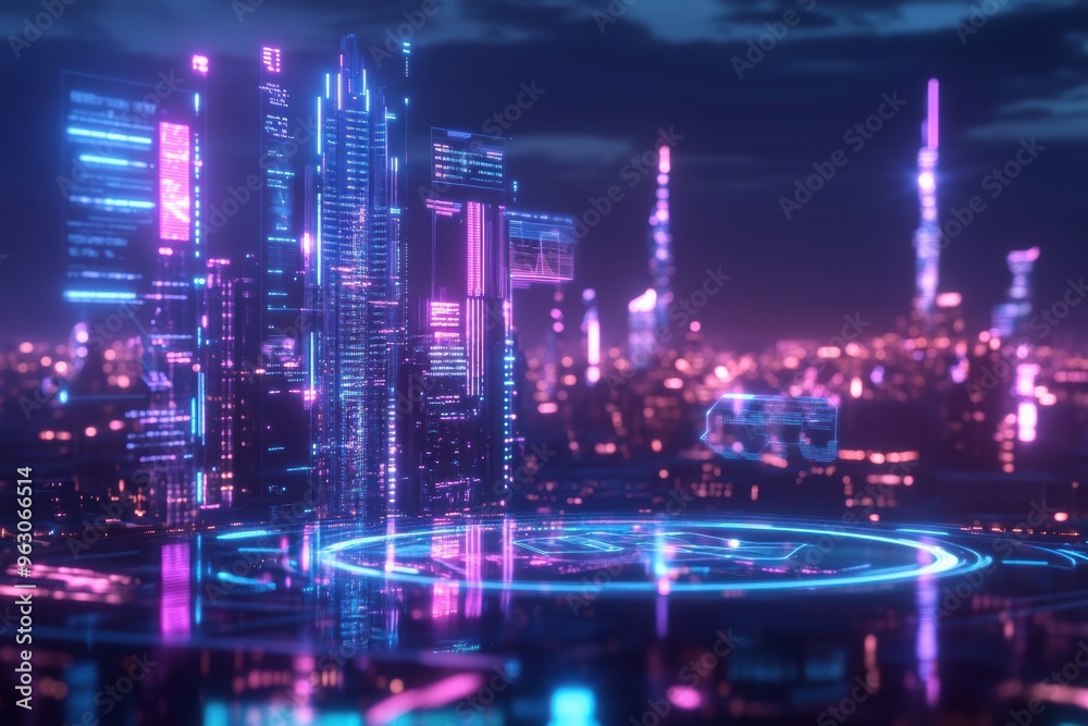 Fototapeta premium A transparent holographic interface projected in front of a futuristic cityscape, featuring interactive data floating in the air.