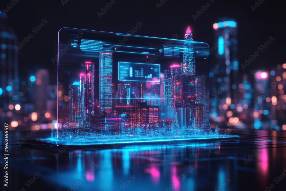 Obraz premium A transparent holographic interface projected in front of a futuristic cityscape, featuring interactive data floating in the air.