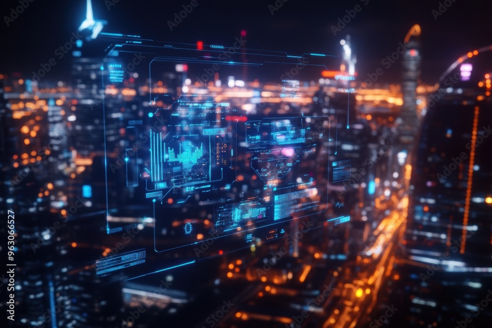 A transparent holographic interface projected in front of a futuristic cityscape, featuring interactive data floating in the air. A transparent holographic interface projected in front of a futuristic cityscape, featuring interactive data floating in the air.