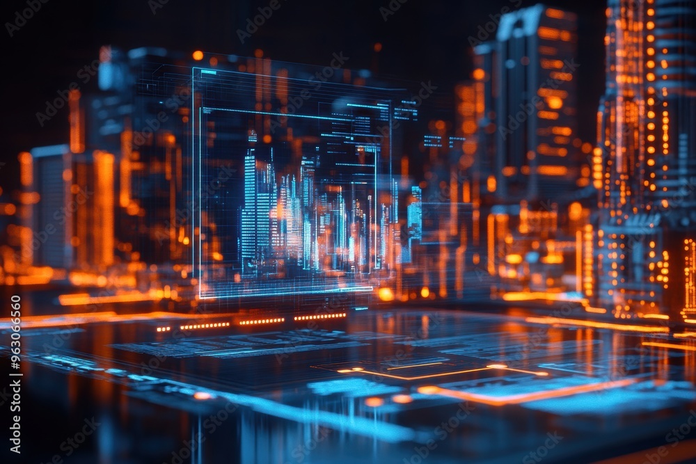 Obraz premium A transparent holographic interface projected in front of a futuristic cityscape, featuring interactive data floating in the air.