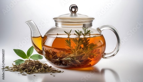 Glass teapot with blooming tea flower and loose tea leaves