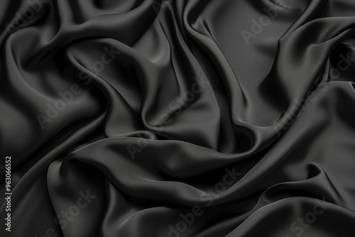 Close-up view of black fabric with intricate texture pattern. Fabric appears smooth and folded in half, revealing its complex design. Blurred background draws focus to the fabric unique pattern.