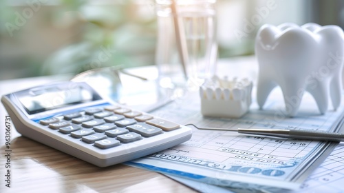 A calculator, dental model, and bill on a desk. Dental problems,oral health issues,dental insurance costs,dental procedure costs,dental care,oral hygiene.