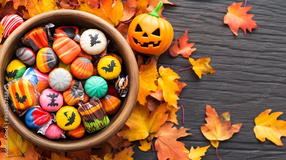 A festive bowl of colorful Halloween treats surrounded by vibrant autumn leaves, perfect for seasonal celebrations. A festive bowl of colorful Halloween treats surrounded by vibrant autumn leaves, perfect for seasonal celebrations.