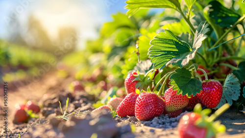 Strawberry patch in the beautiful day photo