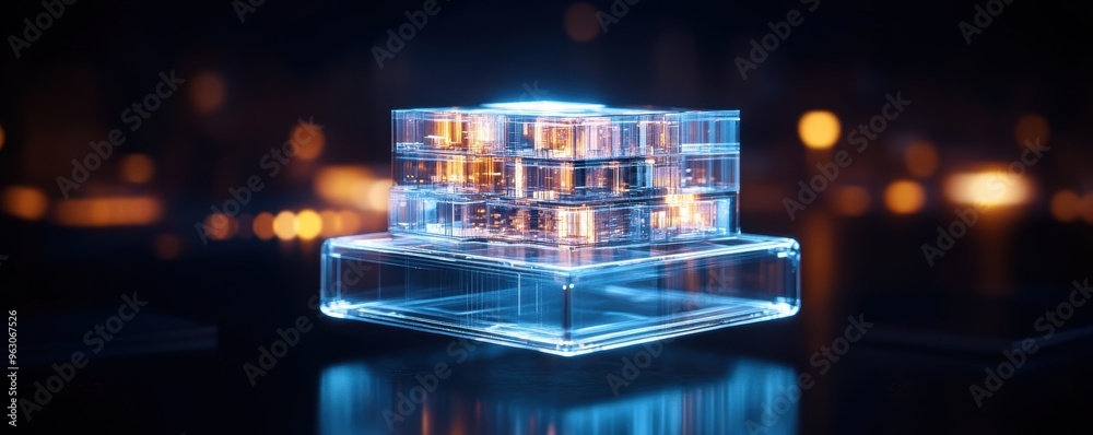 A transparent hologram projection of architectural designs floating in mid-air, displaying building structures layer by layer