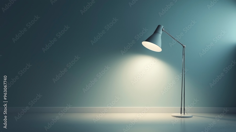 A single, white floor lamp with a light shade, illuminates an empty space in a room with a grey wall and white baseboard. A single, white floor lamp with a light shade, illuminates an empty space in a room with a grey wall and white baseboard.