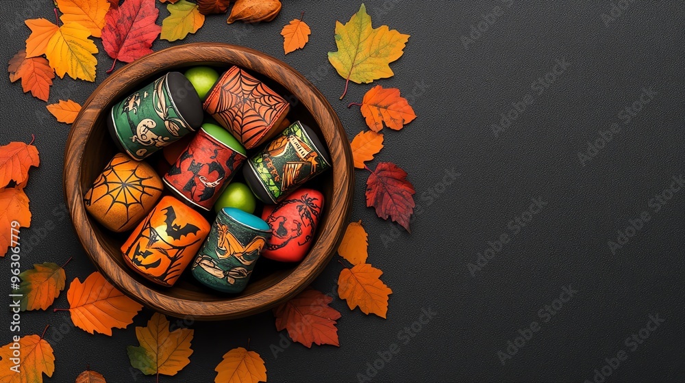 Decorative painted eggs in a wooden bowl surrounded by autumn leaves on a dark background, perfect for seasonal decor.