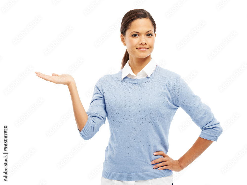 Hand gesture, offer and portrait of woman in studio isolated on white background for promotion. Advertising, marketing and option with happy person on mockup space for announcement or presentation Hand gesture, offer and portrait of woman in studio isolated on white background for promotion. Advertising, marketing and option with happy person on mockup space for announcement or presentation
