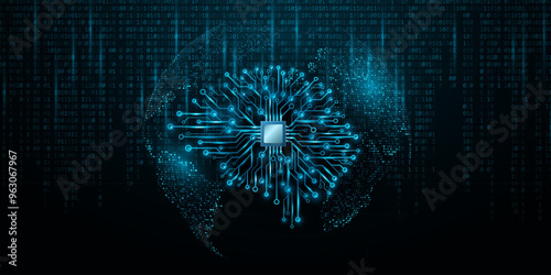 AI brain with CPU chip and glowing circuit board. Futuristic world map with decaying binary code. Artificial intelligence analyzes big data. Vector illustration. EPS 10.