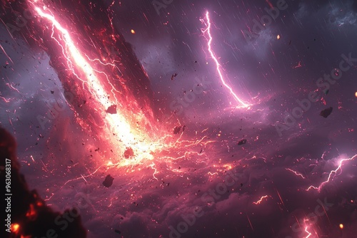 Epic cosmic storm with powerful lightning, cosmic energy, and meteorites