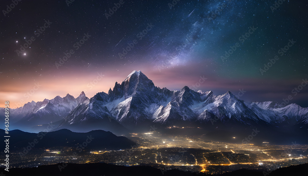 Milky Way over Snow-Capped Mountains: Witness the breathtaking beauty of the Milky Way galaxy illuminating a majestic mountain range, casting an ethereal glow over a serene cityscape nestled below. Milky Way over Snow-Capped Mountains: Witness the breathtaking beauty of the Milky Way galaxy illuminating a majestic mountain range, casting an ethereal glow over a serene cityscape nestled below.
