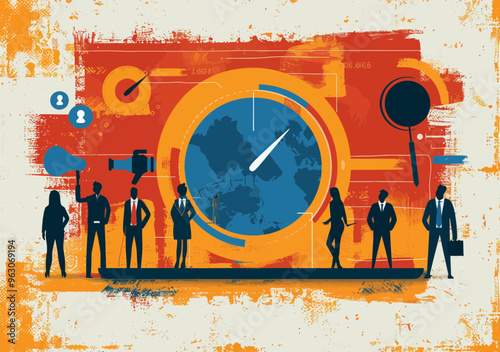 Team Collaboration and Time Management Concept: Business Team with Global Clock Illustration