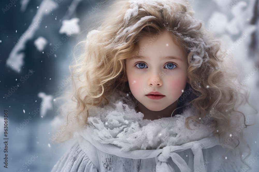 A girl with curly hair gazes thoughtfully in a snowy winter landscape A girl with curly hair gazes thoughtfully in a snowy winter landscape