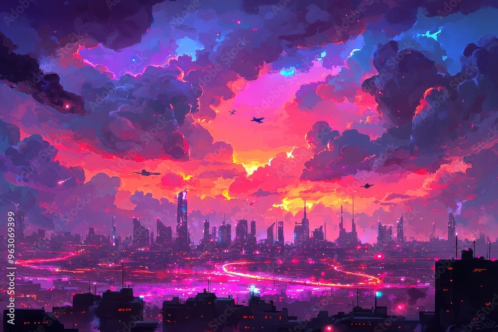 Obraz premium Epic futuristic cityscape with vibrant sky and glowing skyline