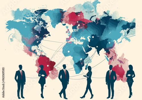 Global Business Network Team Collaboration - Minimalistic World Map Illustration with Businesspeople Connecting Across Continents