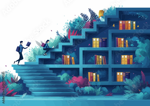 Minimalistic Vector Illustration of Students Ascending Stairway to Knowledge with Bookshelves and Nature Background, Conceptual Education and Study