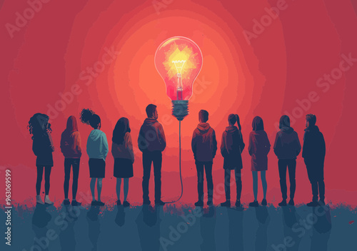 Creative Business Meeting Concept Illustration: Team Brainstorming and Project Discussion with Lightbulb Symbolizing New Idea