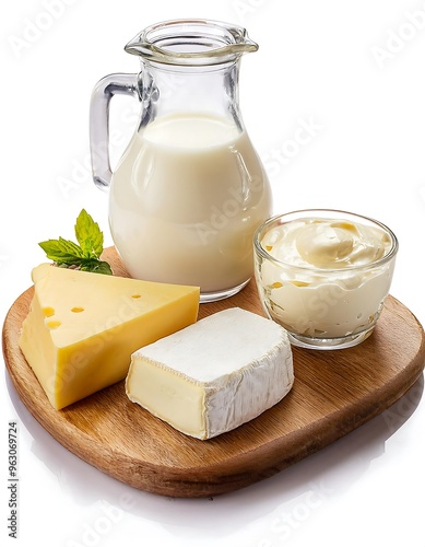 Dairy Products Assortment on Wooden Board photo