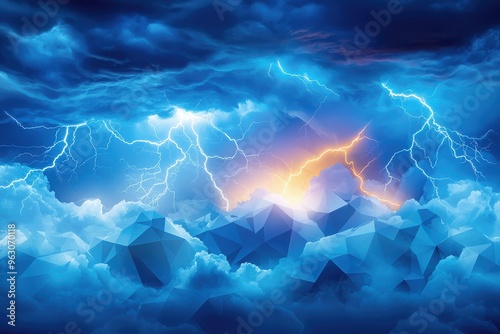 Epic storm clouds with dramatic lightning strikes against blue sky background
