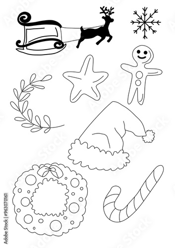 Christmas icon set: santa sleigh, reindeer, christmas cookie, garland, star, snowflake, santa hat, branch, candy straw