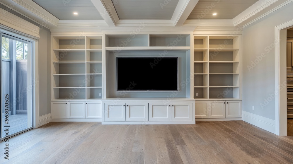 Modern Living Room with Built-in White Shelving and Cabinetry Modern Living Room with Built-in White Shelving and Cabinetry