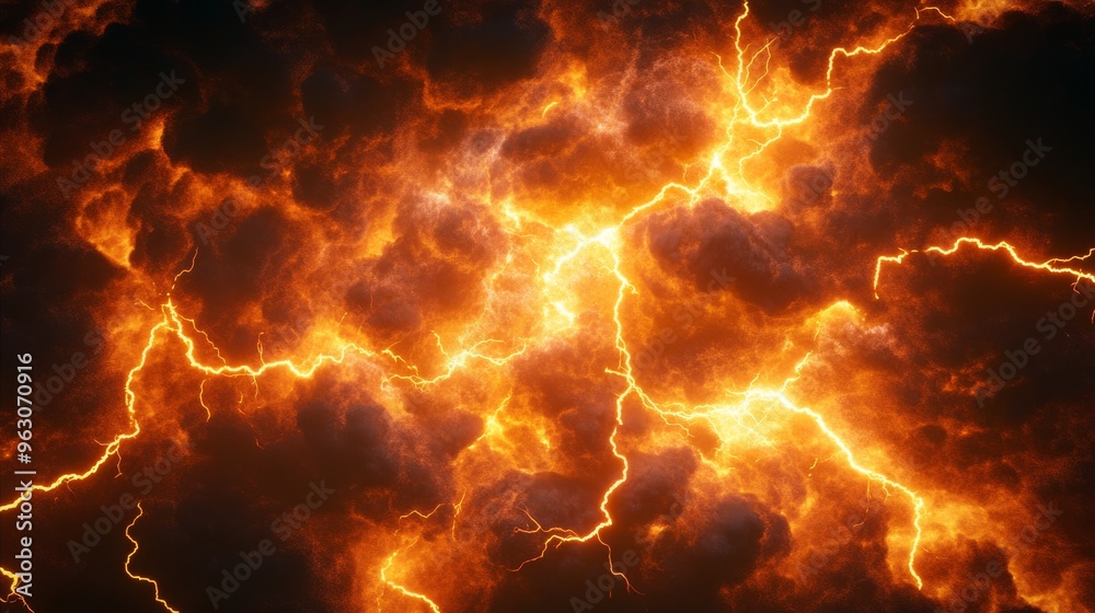Fiery lightning strikes through a stormy, orange sky. . Fiery lightning strikes through a stormy, orange sky. .