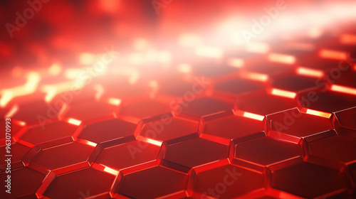 Red hexagon background. Close-up a surface made up of hexagonal shapes, honeycomb pattern. Illuminated outlines. Depth and three-dimensional. Geometric, futuristic and modern design.