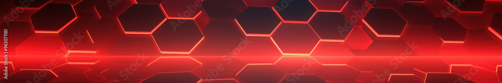 Red hexagon background. Close-up a surface made up of hexagonal shapes, honeycomb pattern. Illuminated outlines. Depth and three-dimensional. Geometric, futuristic and modern design. Red hexagon background. Close-up a surface made up of hexagonal shapes, honeycomb pattern. Illuminated outlines. Depth and three-dimensional. Geometric, futuristic and modern design.