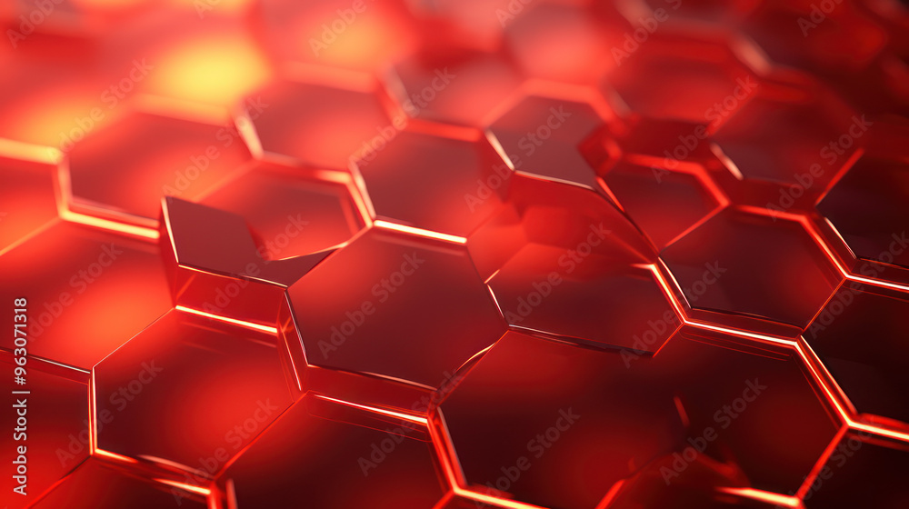 Red hexagon background. Close-up a surface made up of hexagonal shapes, honeycomb pattern. Illuminated outlines. Depth and three-dimensional. Geometric, futuristic and modern design. Red hexagon background. Close-up a surface made up of hexagonal shapes, honeycomb pattern. Illuminated outlines. Depth and three-dimensional. Geometric, futuristic and modern design.